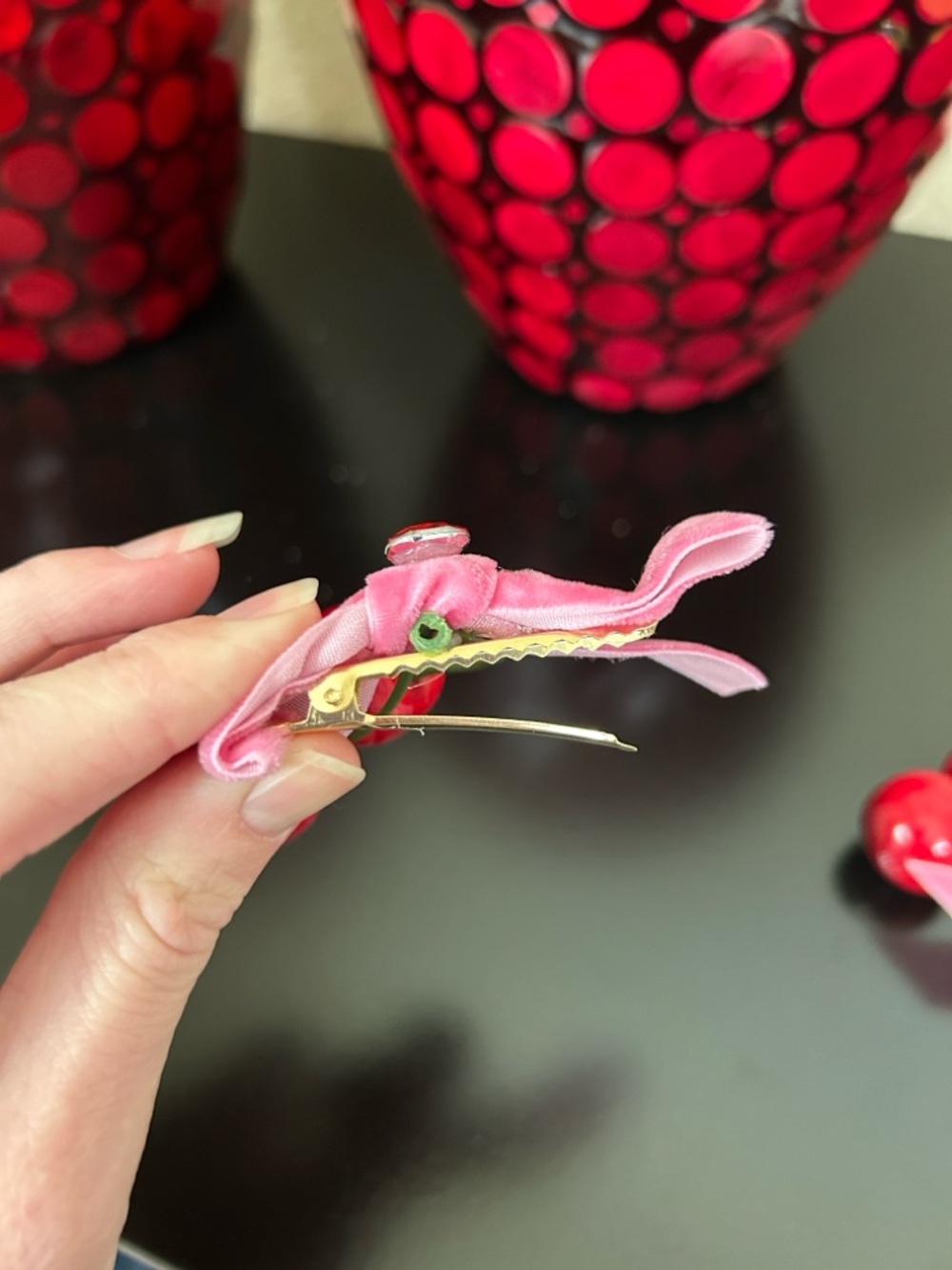 It Girl Cherry Hair Clips with Pink Velvet Ribbon Bow - 2 Barrettes - Picture 4 of 9